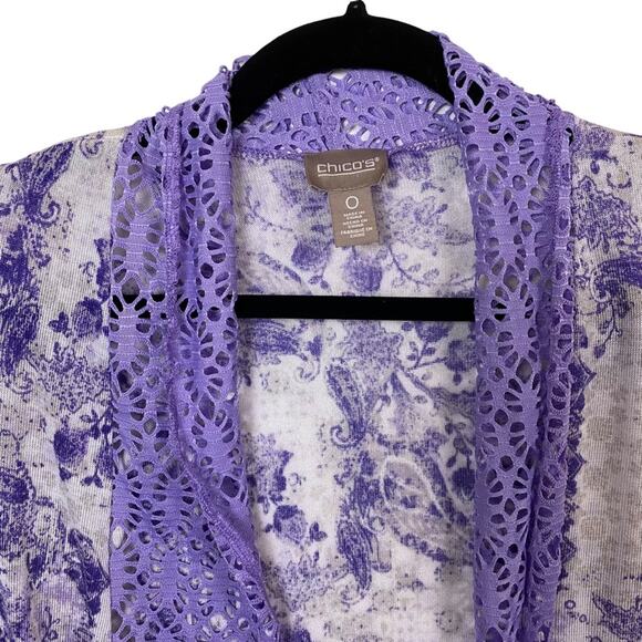 Chico's Purple Paisley Lightweight Lace Trim Open Front Cardigan Sweater Size 4 - Picture 2 of 6